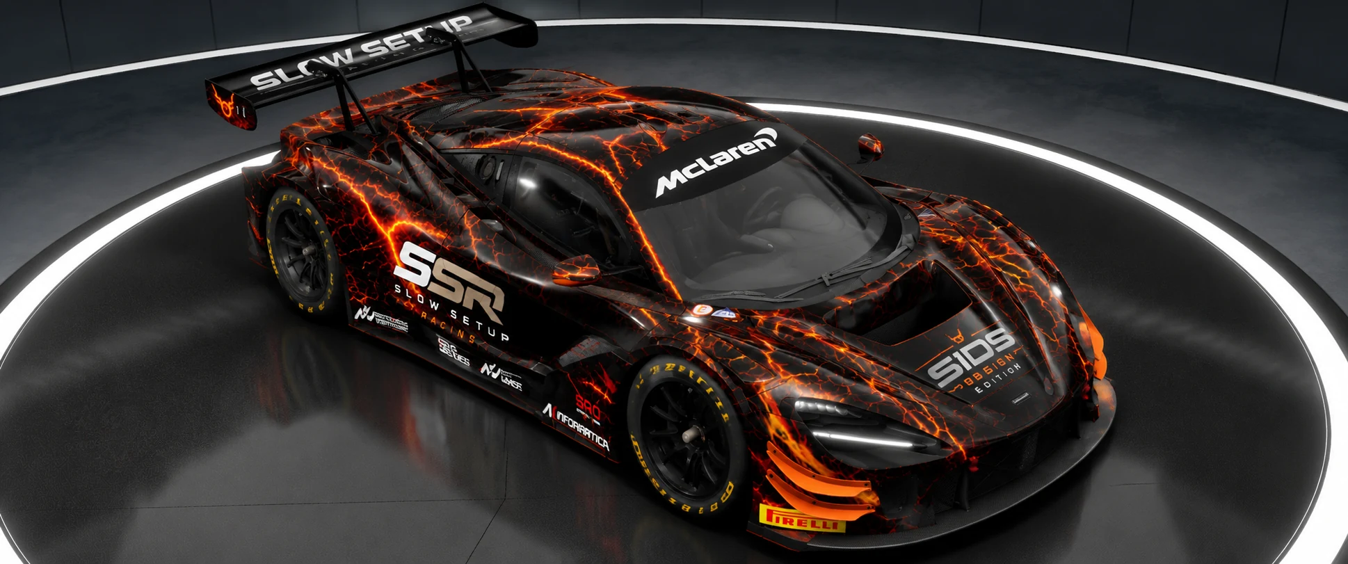 McLaren 720S GT3 Evo Slow Setup Racing – Draufsicht vorne, Signature Livery ohne Startnummer